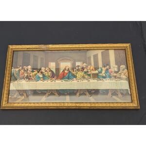 Gold Wood Framed The Last Supper Art Print Wall Hanging Da Vinci 7 X 14" Vintage